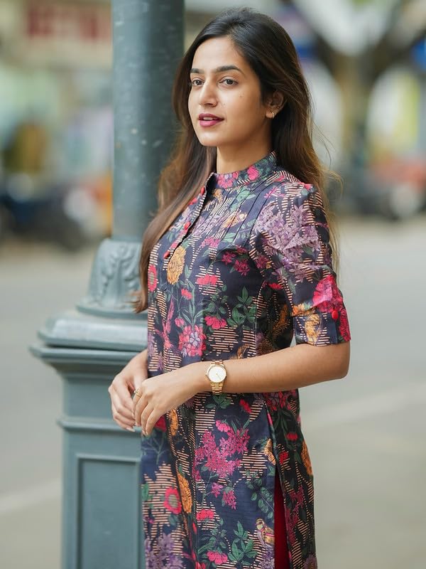 24 Carat Suit WomenS Chanderi Blend Kurta With Floral Printed Regular Fit Mandarin Collared Neck Down Button Half Sleeve Calf L
