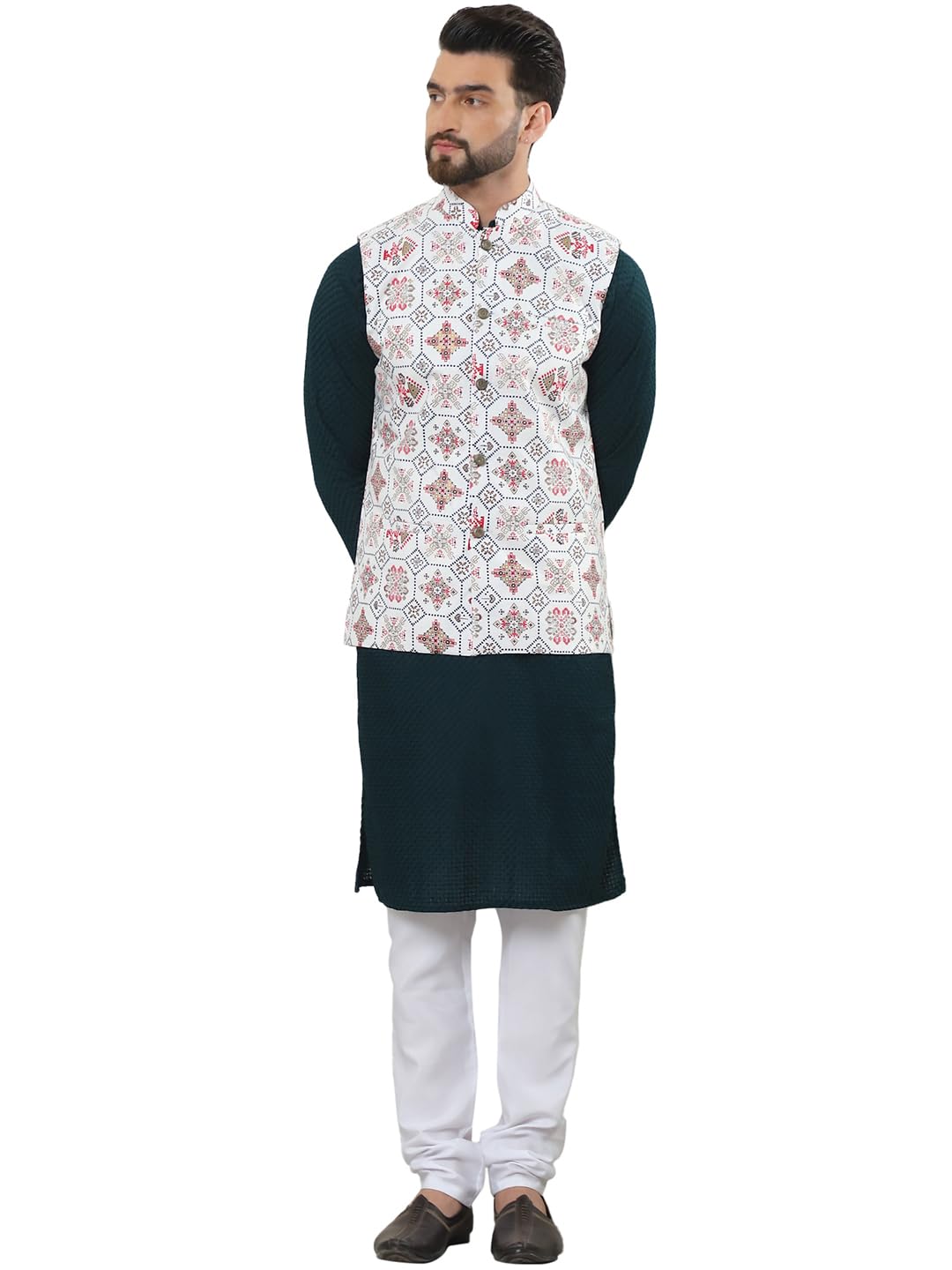 SOJANYA (Since 1958 Mens Pure Cotton Brown Kurta and White Pyjama With Printed Cream Nehru Jacket