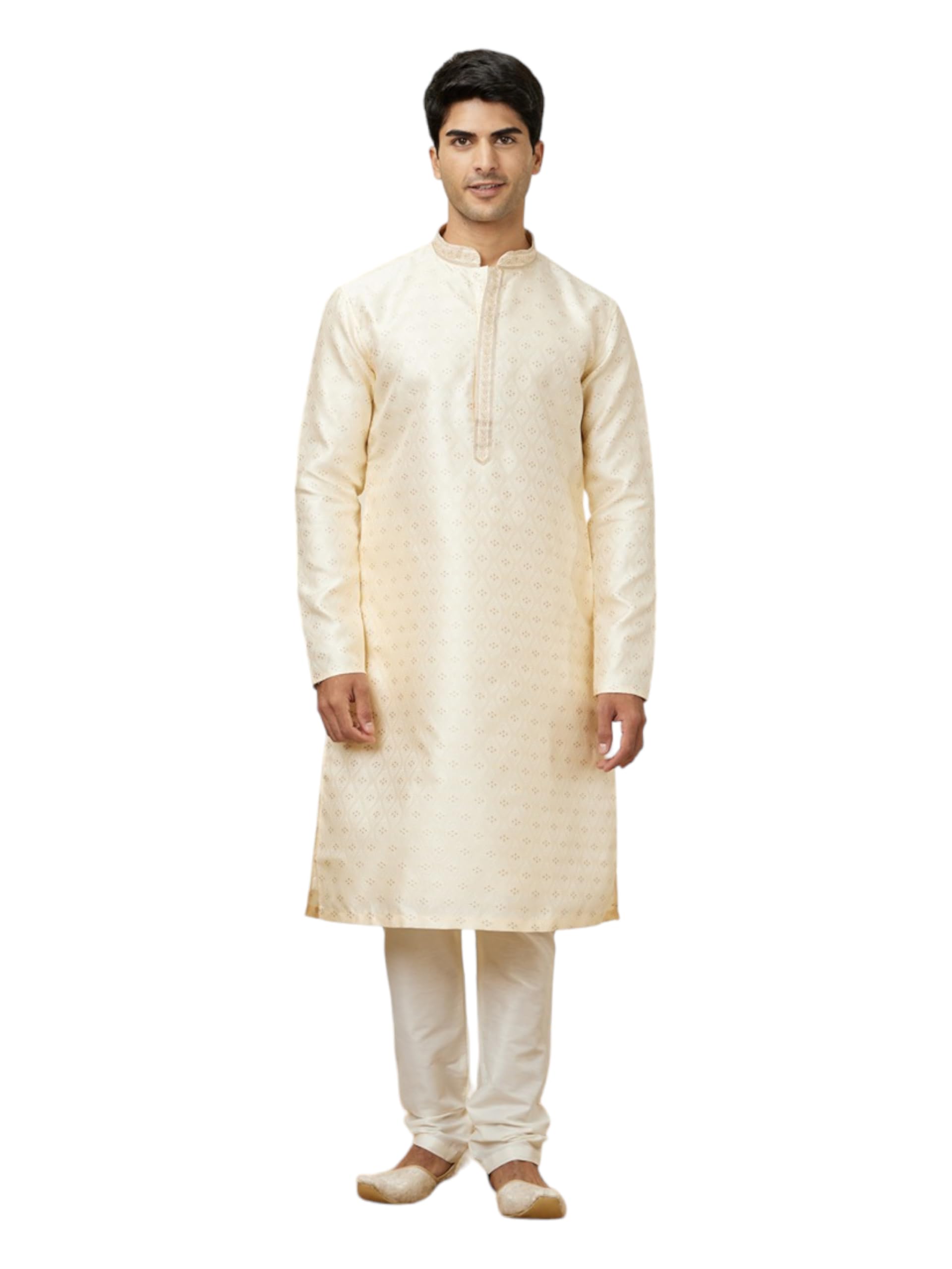 Manyavar Mens Cream Brocade Kurta Churidar Set