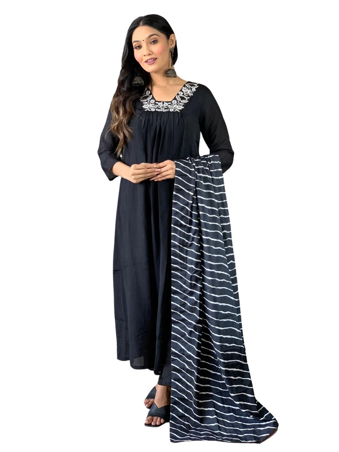 Naixa Womens Black Silk Chiffon Embroidered Flared Kurta with Silk Chiffon Pant and Poly Chiffon Printed Dupatta Sets (NX-452-B