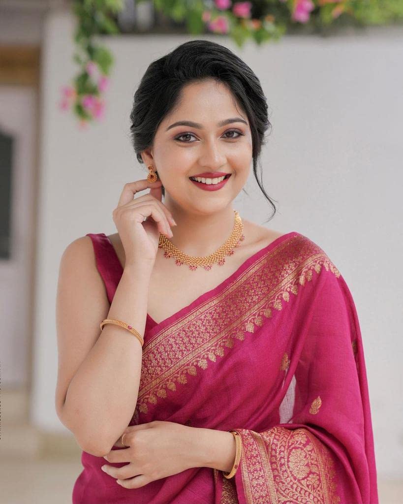 Flosive Womens Rani Pink Kanjivaram Silk Saree With Zari Weaving Work