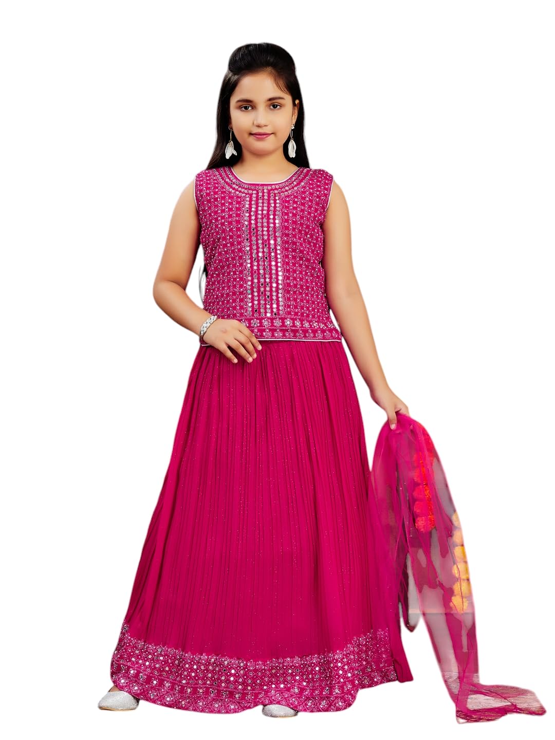 Aarika Girls Ethnic Wear Rani Colour Mirror Embroidery Georgette Lehenga Choli Set (10-15 Years)