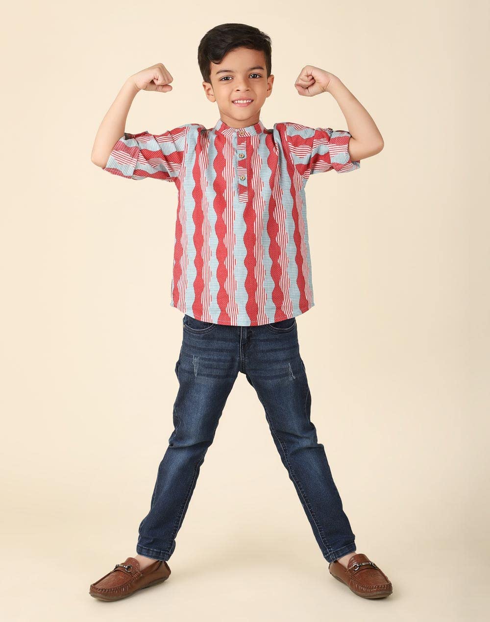 Fabindia Boys Cotton Printed Regular Fit Kurta (1030961RED_Red and Blue