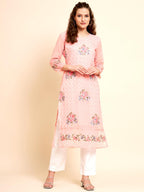 Vairagee WomenS Georgette Straight Cut Round Neck Kurta With Beautiful Floral Embroidery Thread Work (1577) Pink