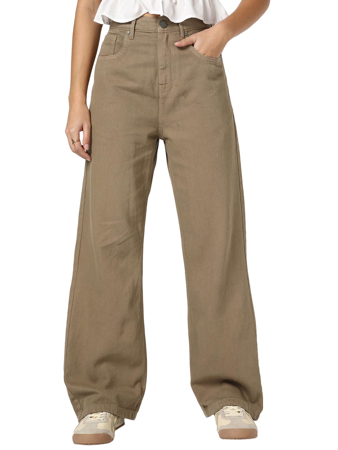 Bewakoof Womens Solid Straight Fit Pure Cotton Jeans_1004048_Brown_26