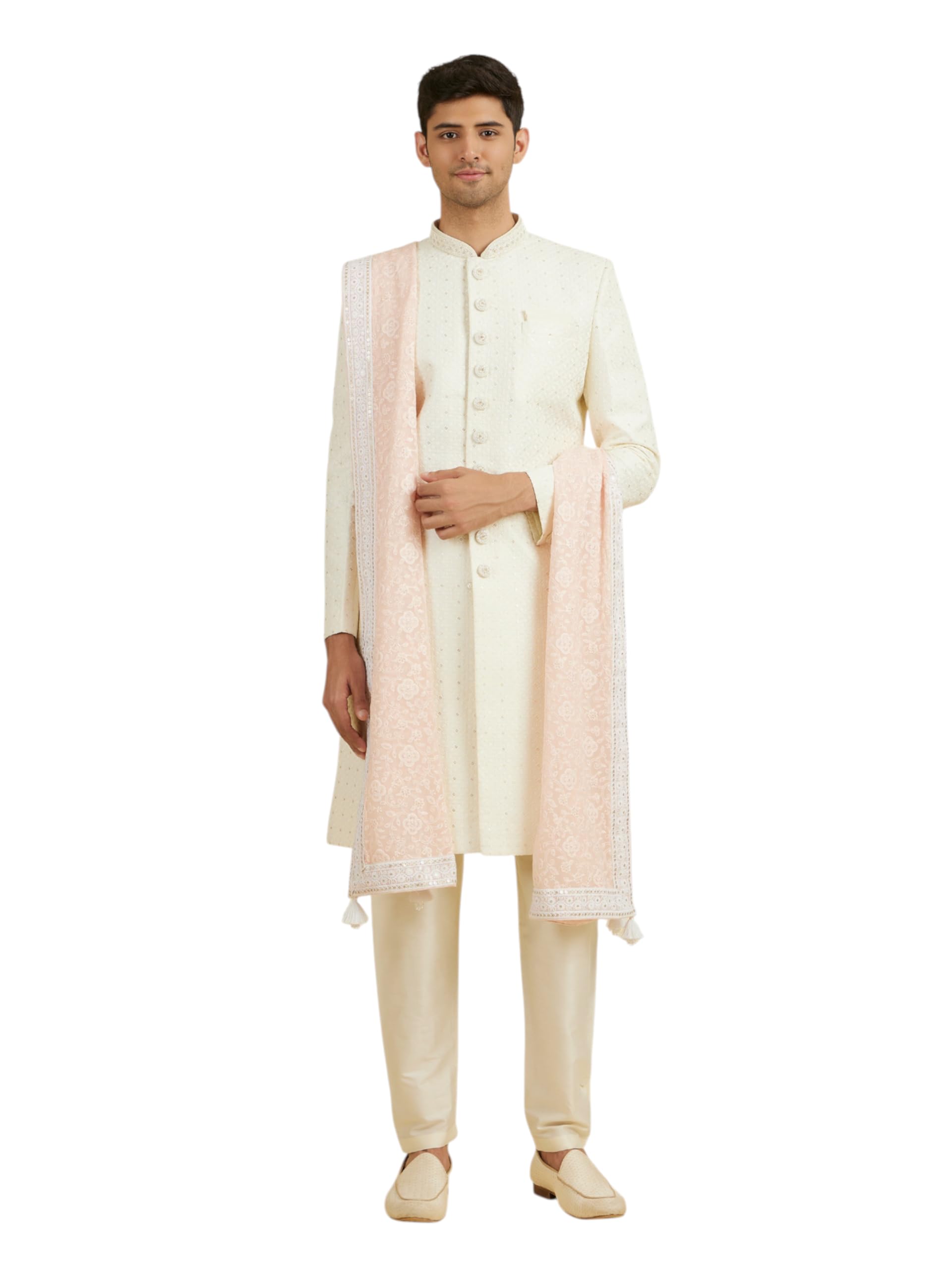 Manyavar Mens Georgette Embroidered & Sequinned Dupatta with Tassels (Pink)