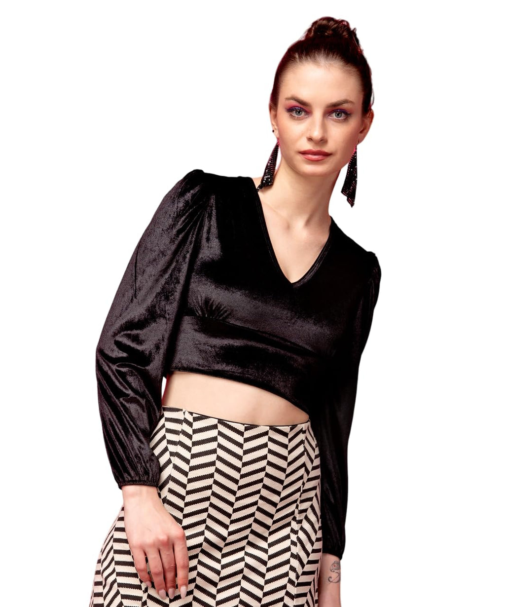POPWINGS Casual Black Solid Velvet Crop Top for Women| Full Sleeves V-Neck & Designer Crop Top for Women
