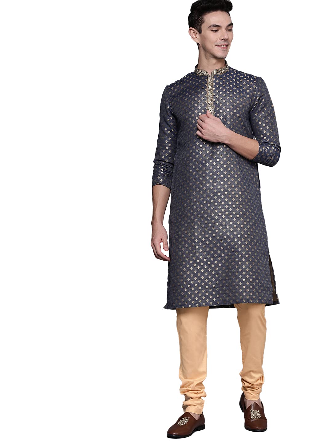Manyavar All Over Work Knee Long Kurta And Churidar Set For Men - (Blue, Large)
