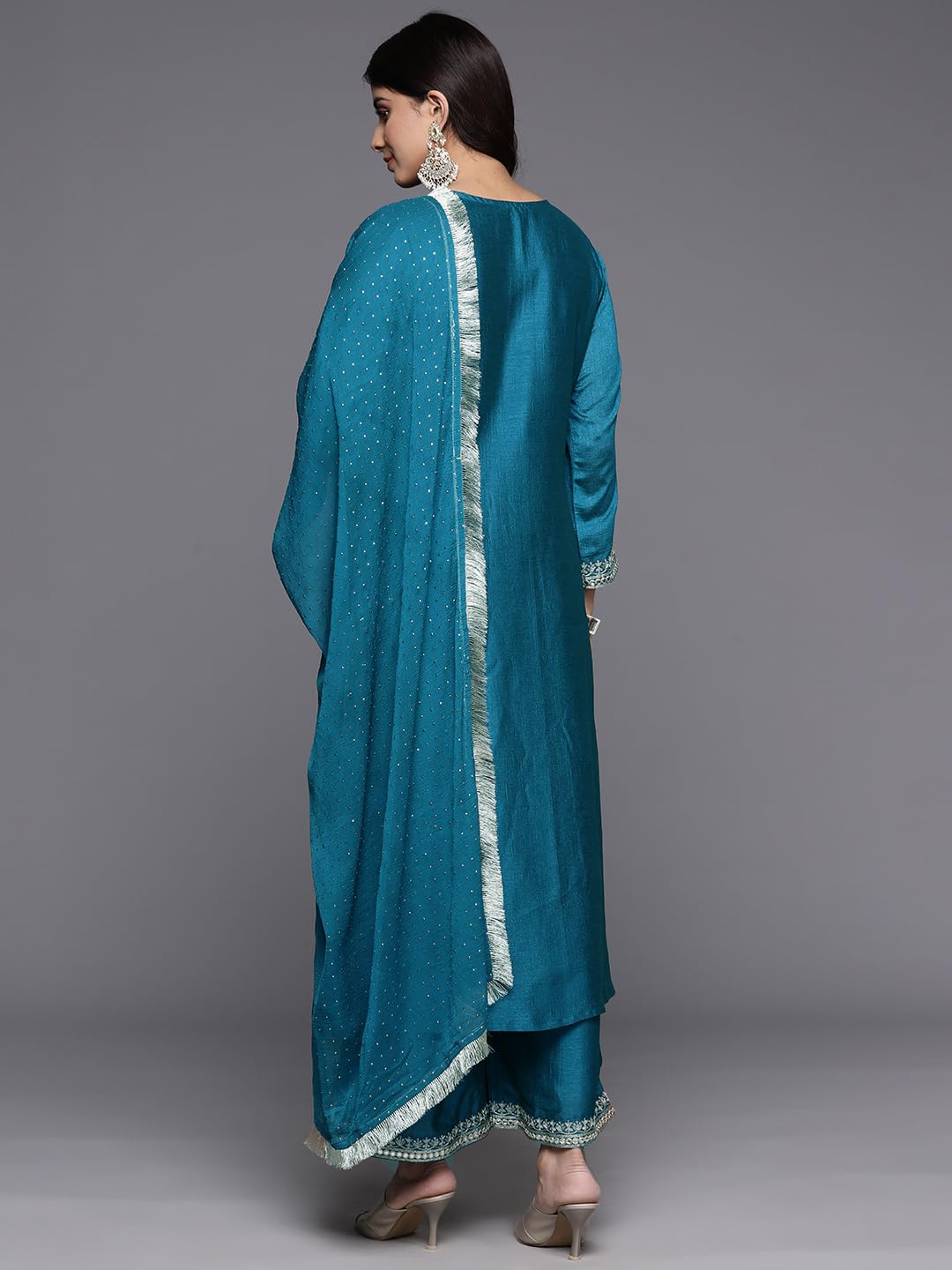 Varanga Women Turquoise Blue Heavy Zari Embroidered Kurta With Bottom And Dupatta