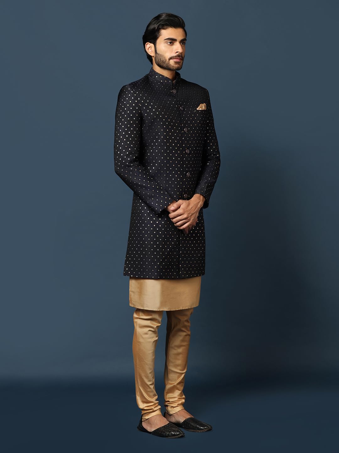 Kisah MenS Navy Blue And Golden Indo-Western Kurta Sherwani Churidar Set Cotton Full Sleaves, Knee Length, Straight, Regular Fi