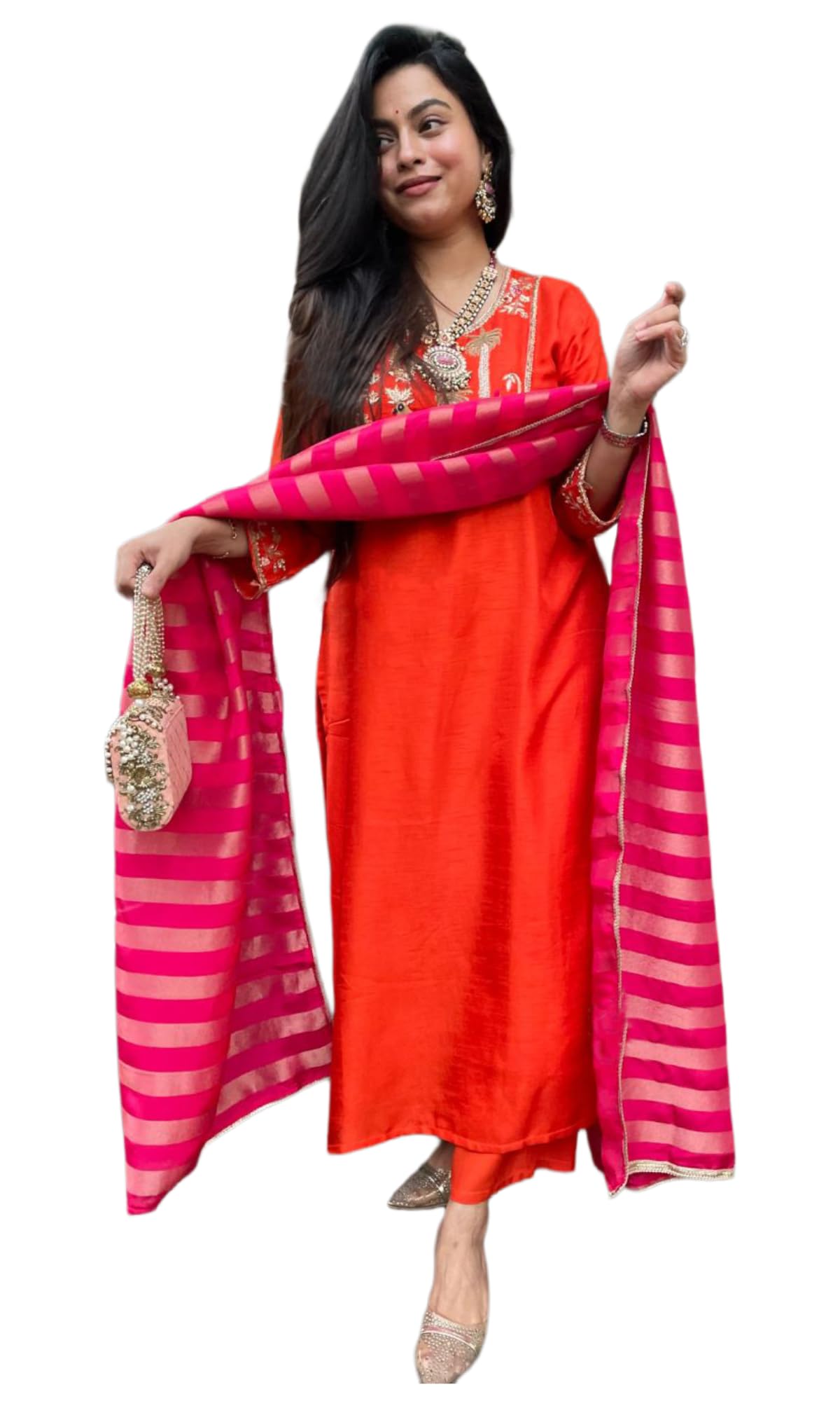 Anni Designer WomenS Viscose Blend Embroidered Straight Kurta With Pant & Dupatta (Ghadir Orange_Xl_Orange_X-Large)
