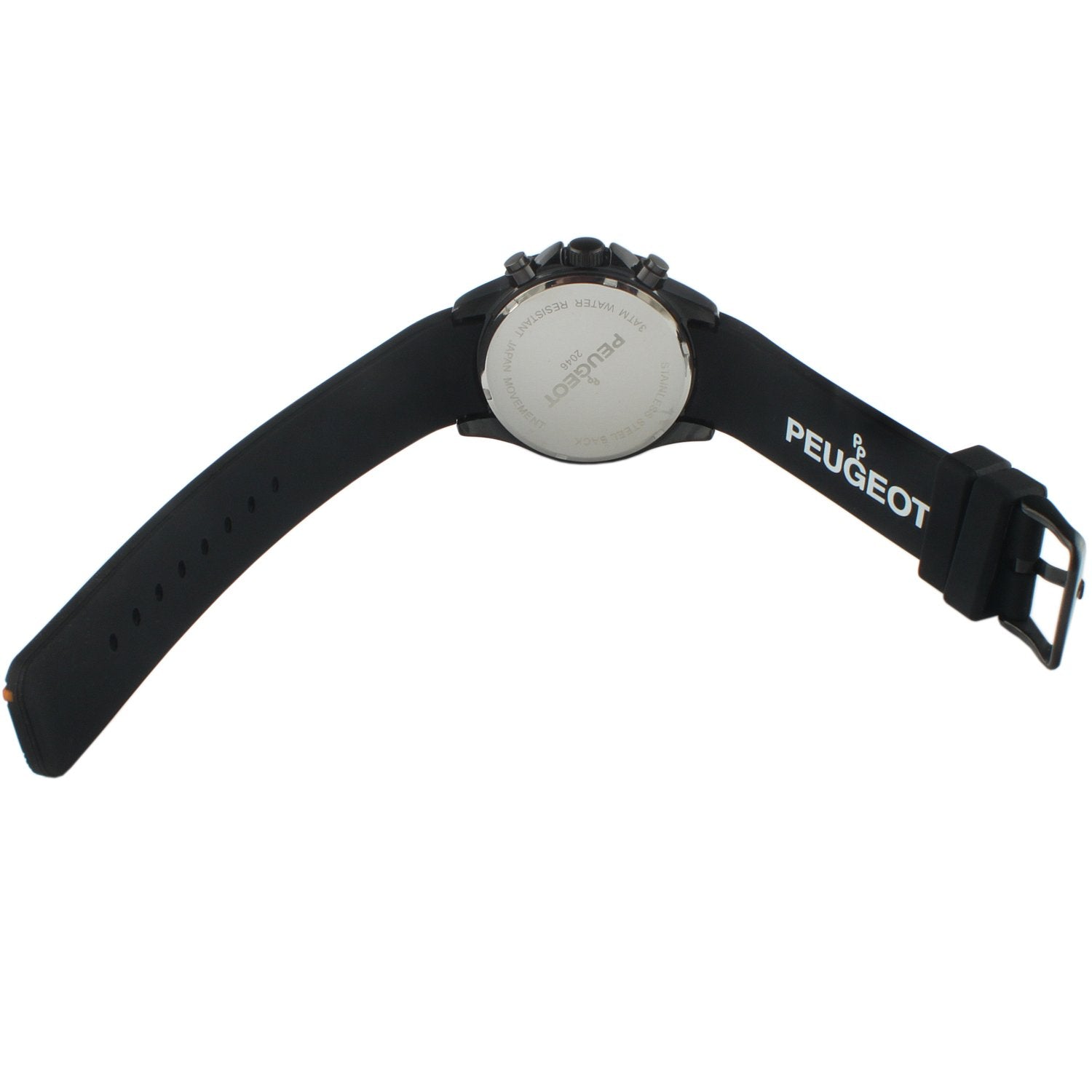 Peugeot Men Big Face Chronograph Sport Watch - Round with Day, Date. 24 Hours Sub Dial Windows & Silicone Strap, Black