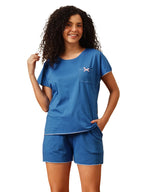 Clovia Womens Cotton Mid Thigh Length Casual Regular Pajama Set (LS0017P08XXL_Blue_XXL)