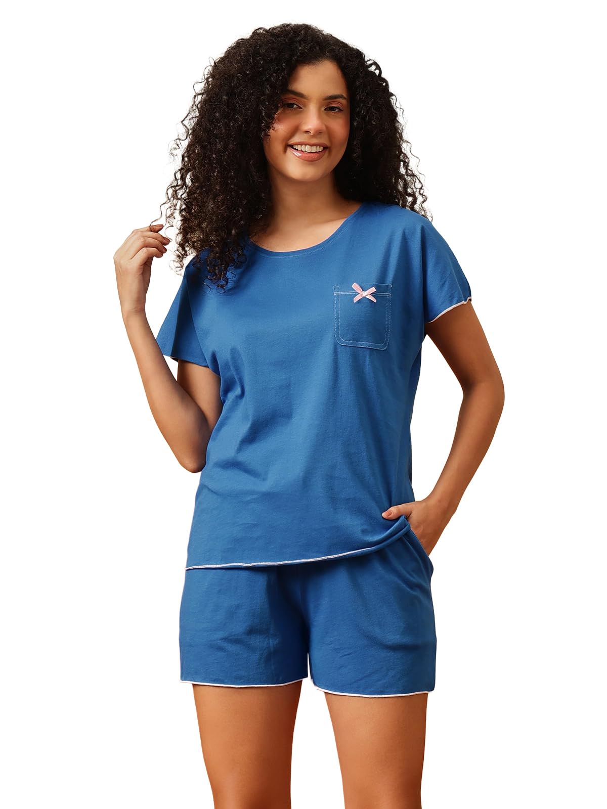 Clovia Womens Cotton Mid Thigh Length Casual Regular Pajama Set (LS0017P08XXL_Blue_XXL)