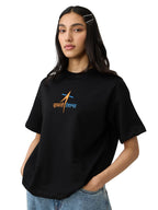 The Souled Store ISRO: Logo Women and Girls Short Sleeve Round Neck Black Embroidered Cotton Oversized T-Shirts