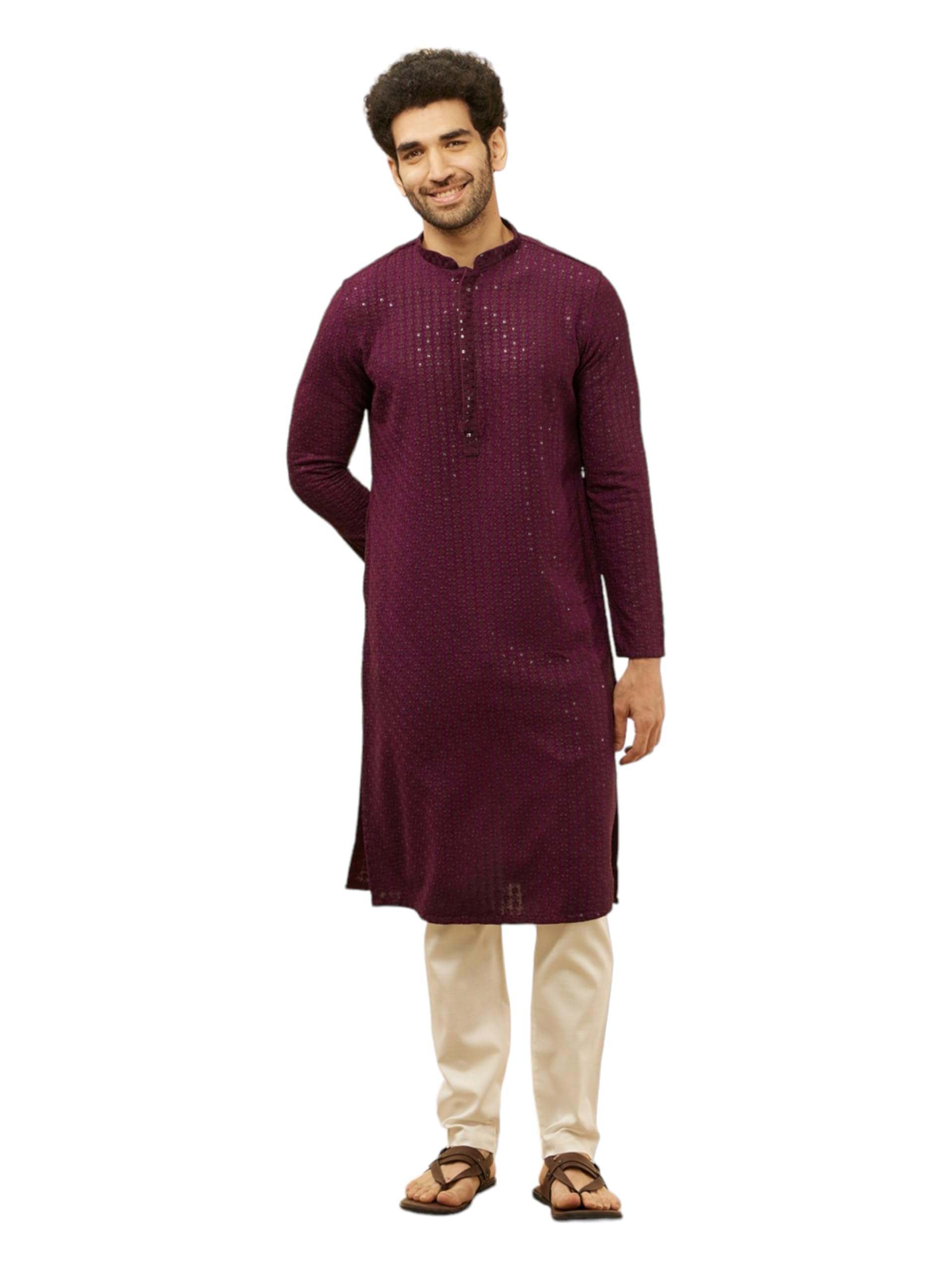 Manyavar Mens Purple Viscose CHIKANKARI Kurta Pyjama Set