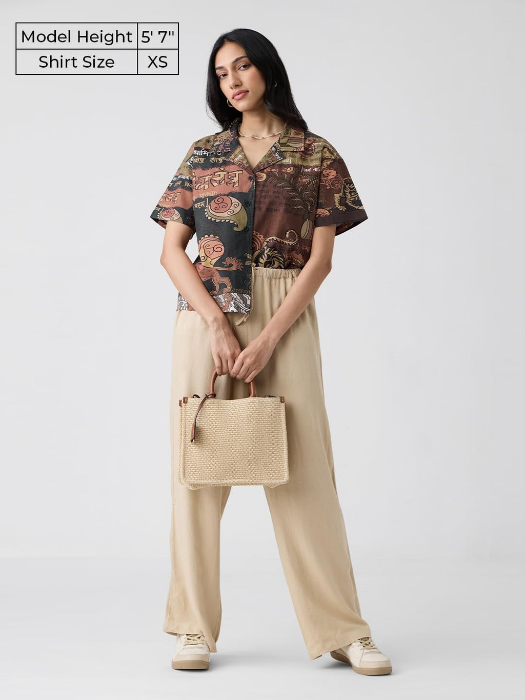 The Souled Store Panchatantra Women and Girls Short Sleeves Collared Neck Button Front Brown All Over Printed Oversized Fit Cott