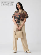 The Souled Store Panchatantra Women and Girls Short Sleeves Collared Neck Button Front Brown All Over Printed Oversized Fit Cott