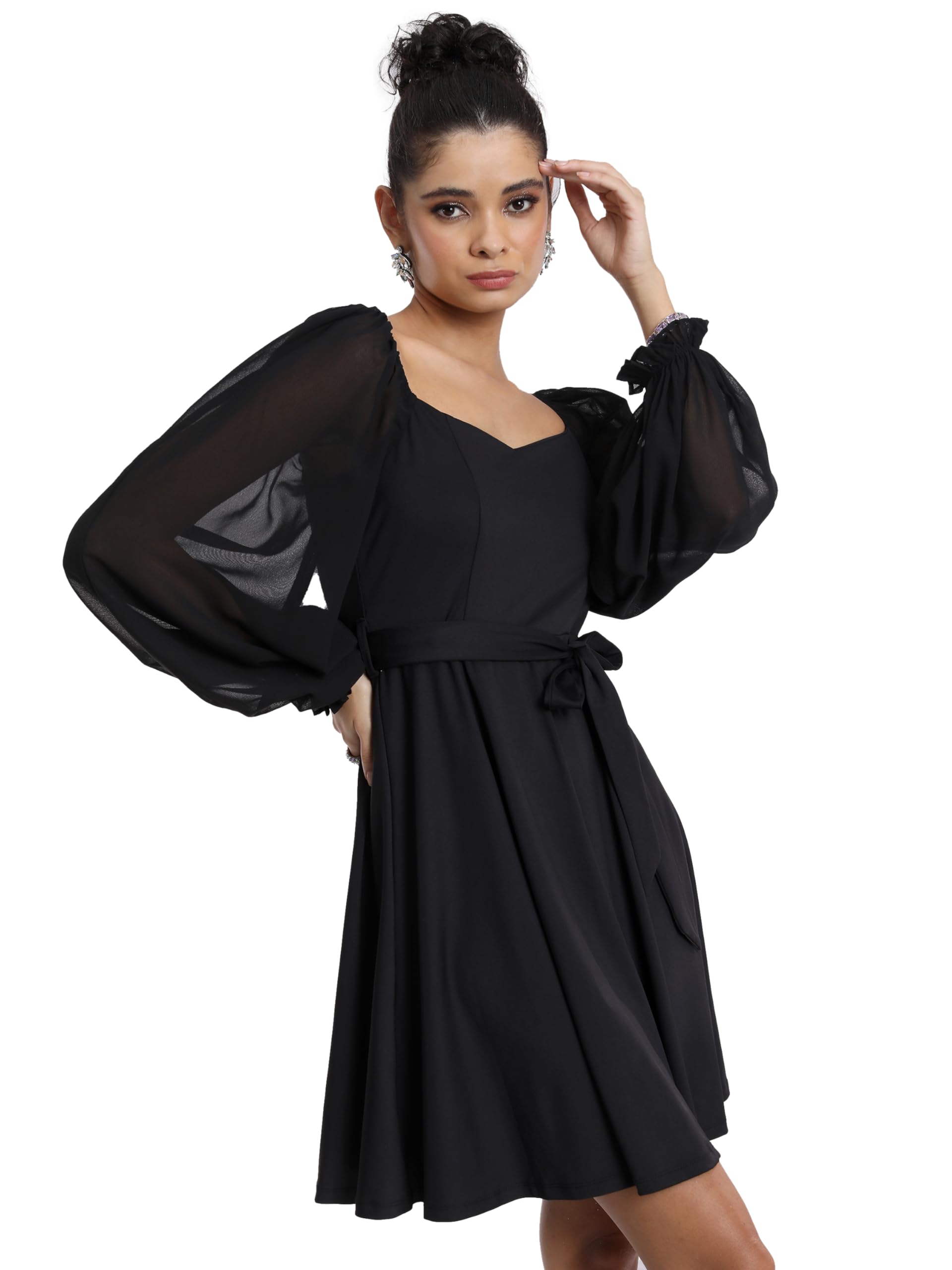 Ketch WomenS Cotton Blend Fit And Flare Dress With Sheer Sleeves Above The Knee Khj6000333_Black