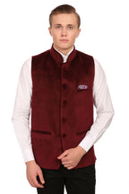 Wintage Men'S Velvet Grandad Collar Festive Maroon Nehru Jacket Vest Waistcoat