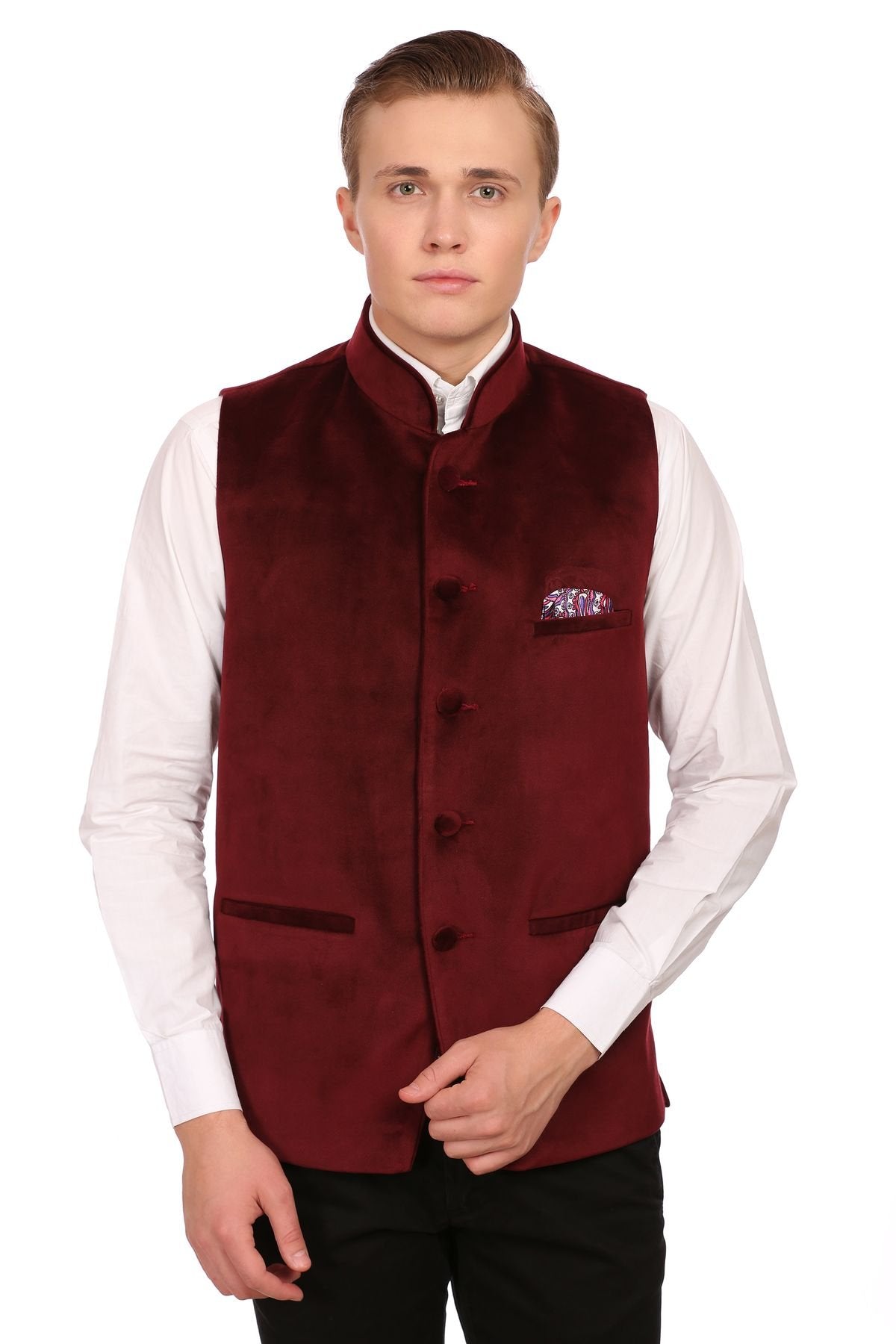 Wintage Men'S Velvet Grandad Collar Festive Maroon Nehru Jacket Vest Waistcoat