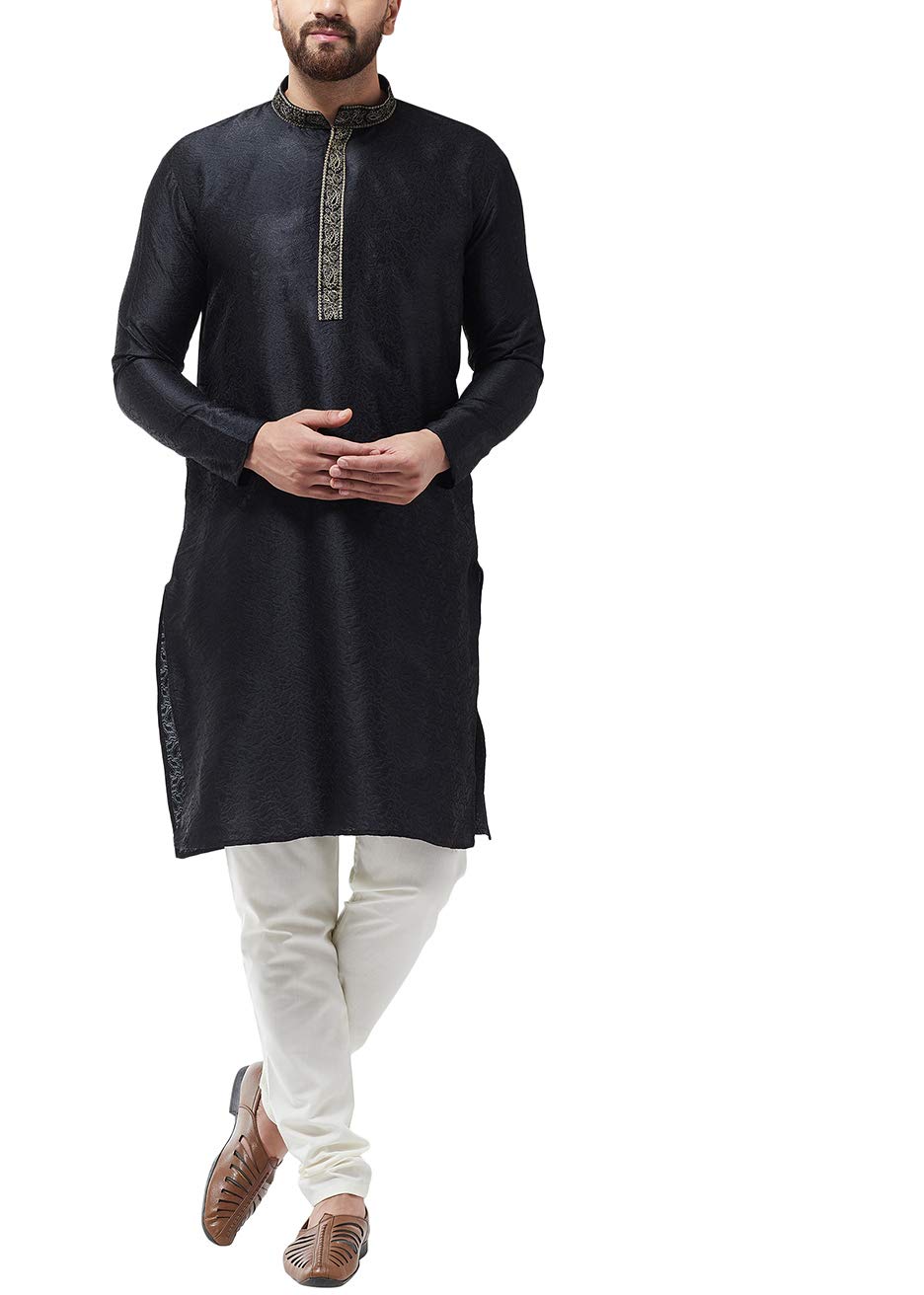 Sojanya MenS Silk Blend Black Kurta And Off White Churidar Pyjama Set