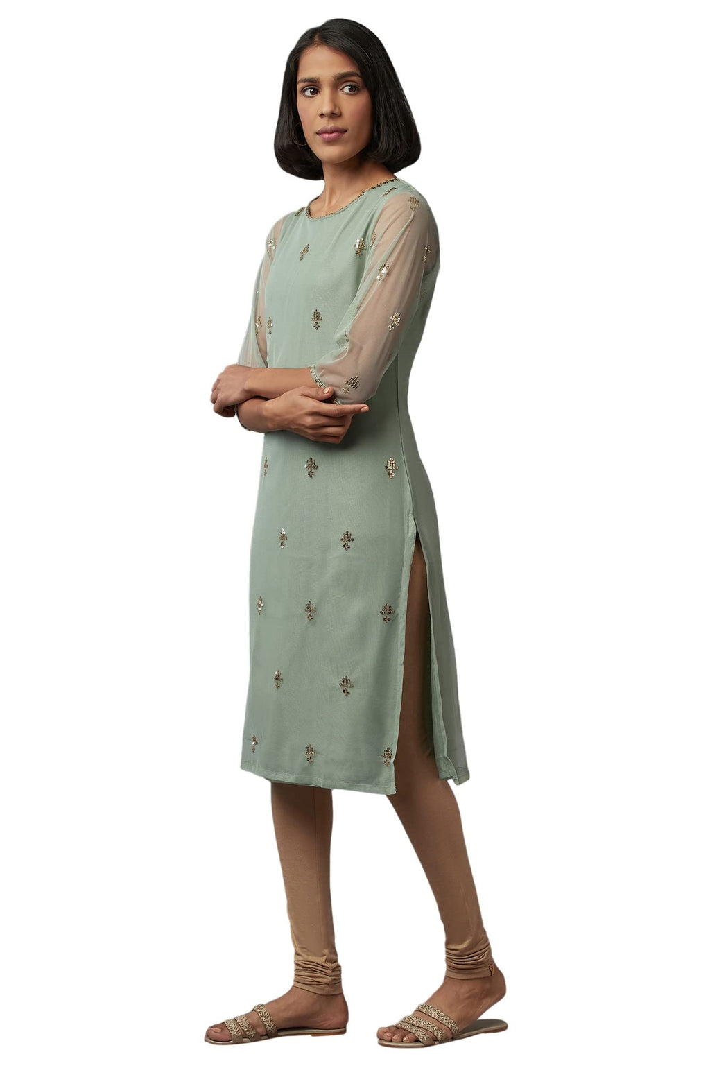 W For Women Green Sequin Maharani Net Kurta