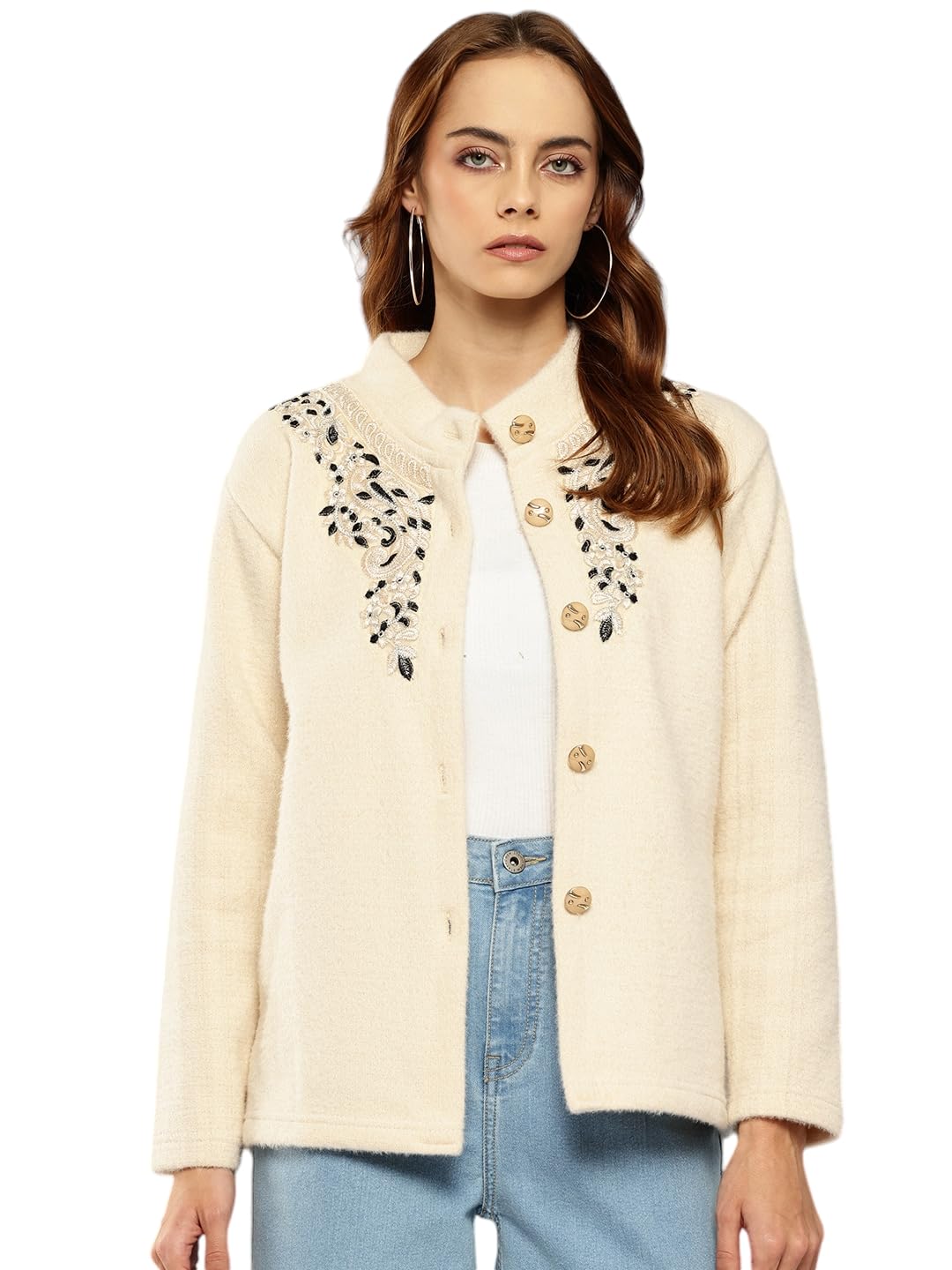 Aarika Womens Cream Colour Embroidery Woolen Cardigan (S-L)