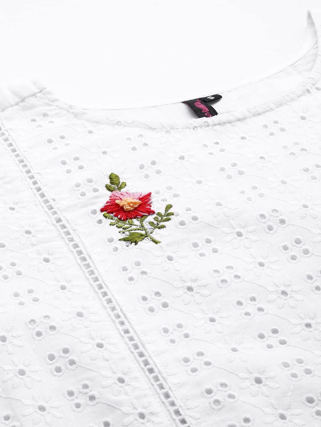 Ishin Women'S White Schiffli Embroidered Straight Kurta Set With Trouser And Dupatta