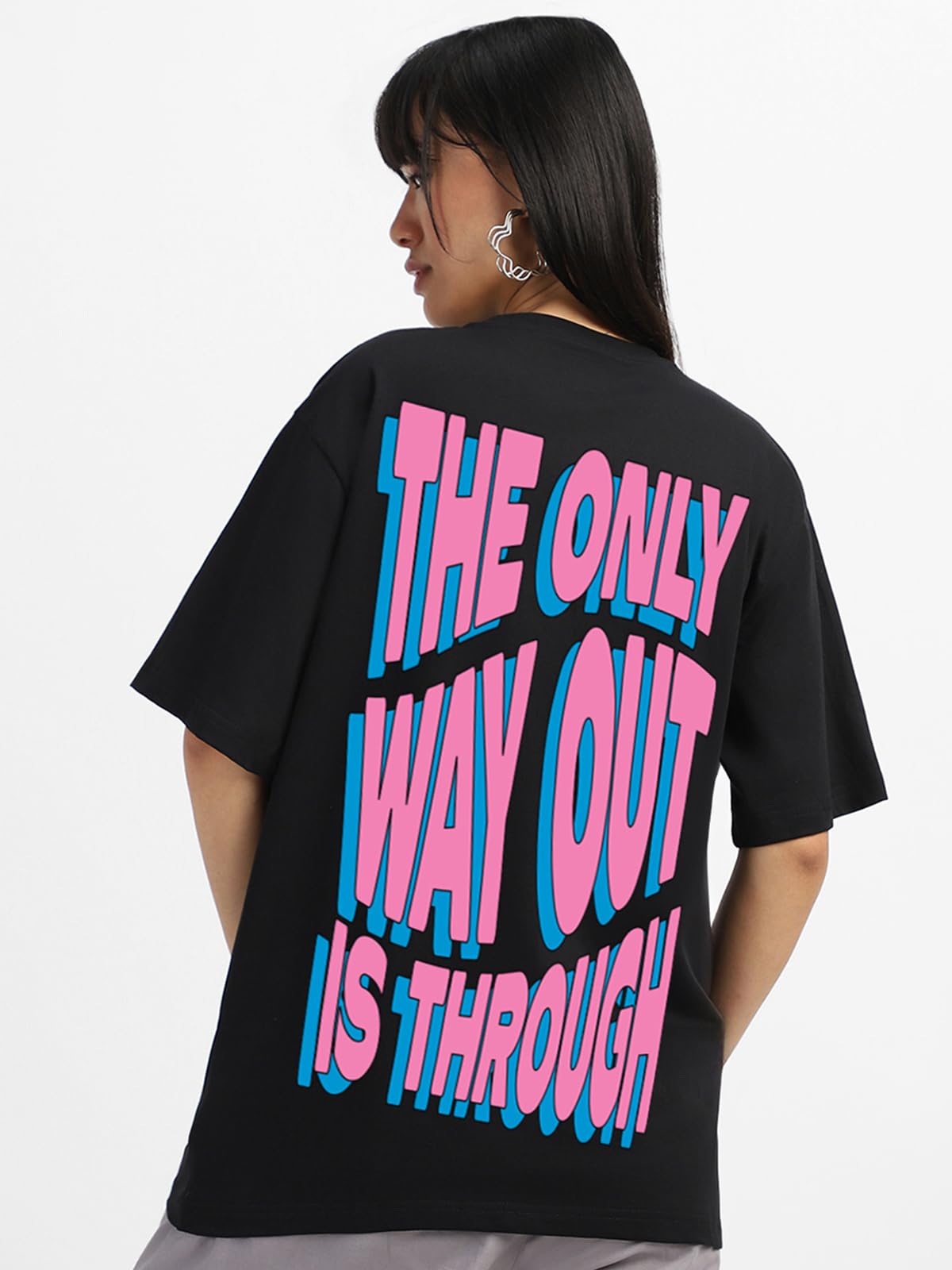 JUNEBERRY Pure Cotton Oversized Loose Baggy Fit Drop Shoulder Half Sleeve Cool Front & Back Graphic Printed Round Neck T-Shirt C