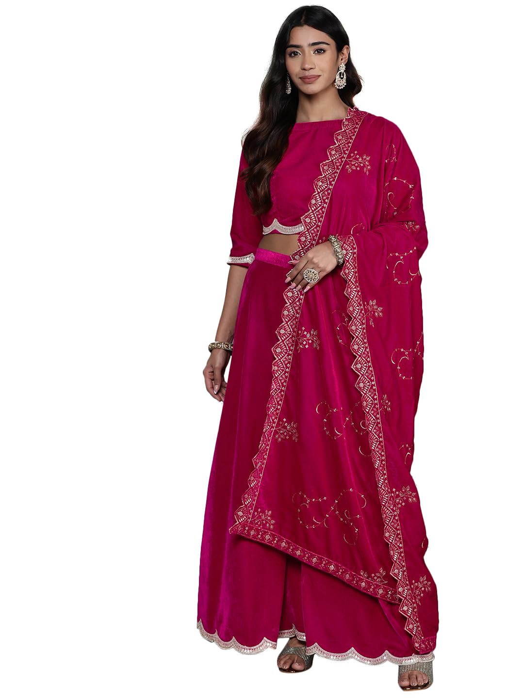 Libas Womens Solid Velvet Co-Ord Set For Women Pink