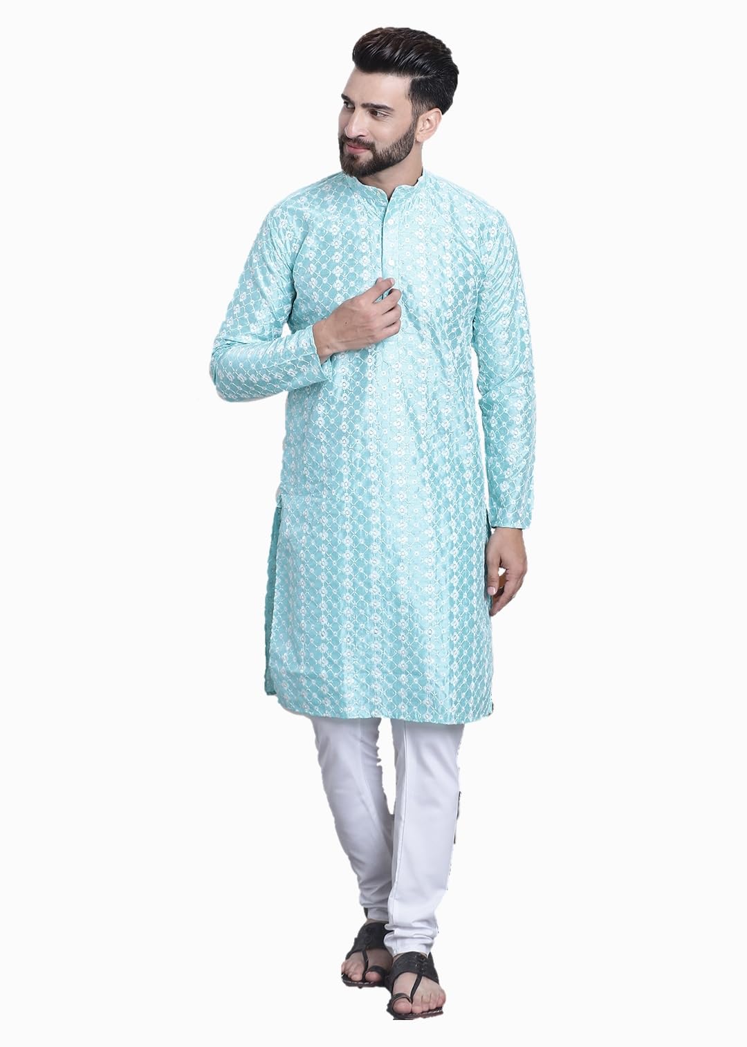 SOJANYA (Since 1958 Mens Silk Blend Blue Embroidered Kurta & White Churidar Pyjama Set