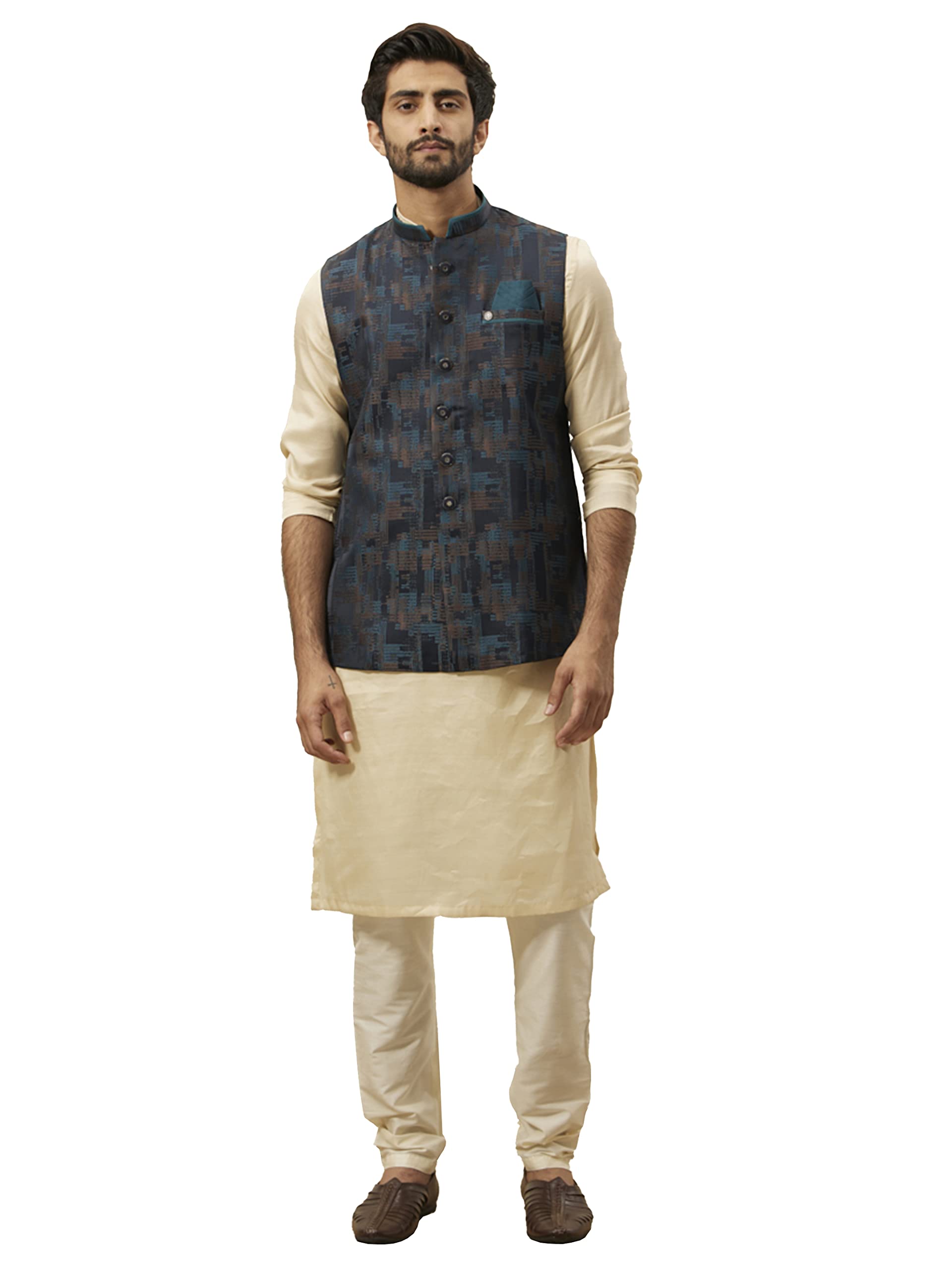 Manyavar Printed BROCADE Nehru Jacket For Men, Sleeveless, Mandarin Collar, Ethnic Wear (BLUE - 1, XL)