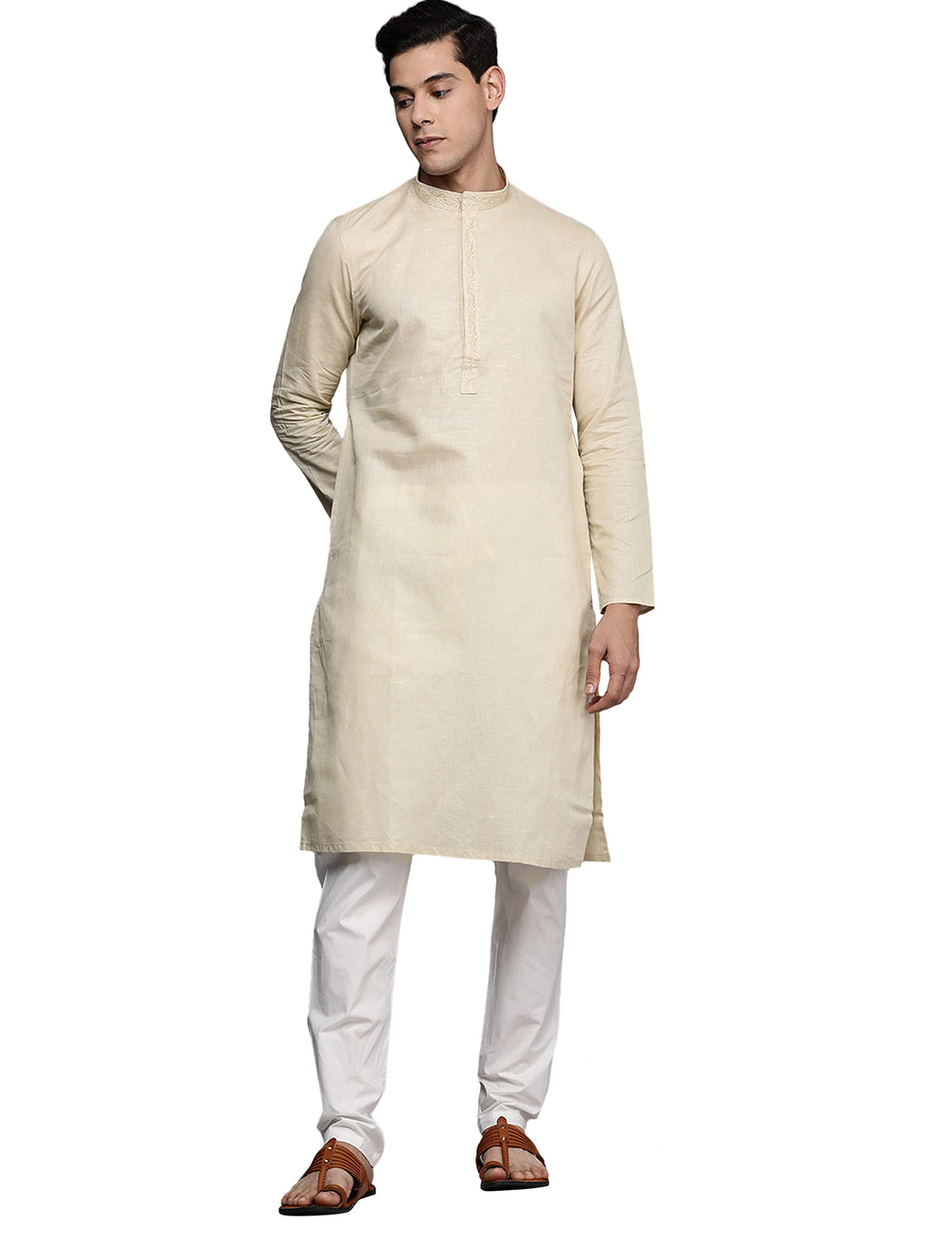 Manyavar Kurta Set for Men, Full Sleeves Mandarin Collar Ethnic Kurta Set For Diwali, Wedding, Party Blended Linen