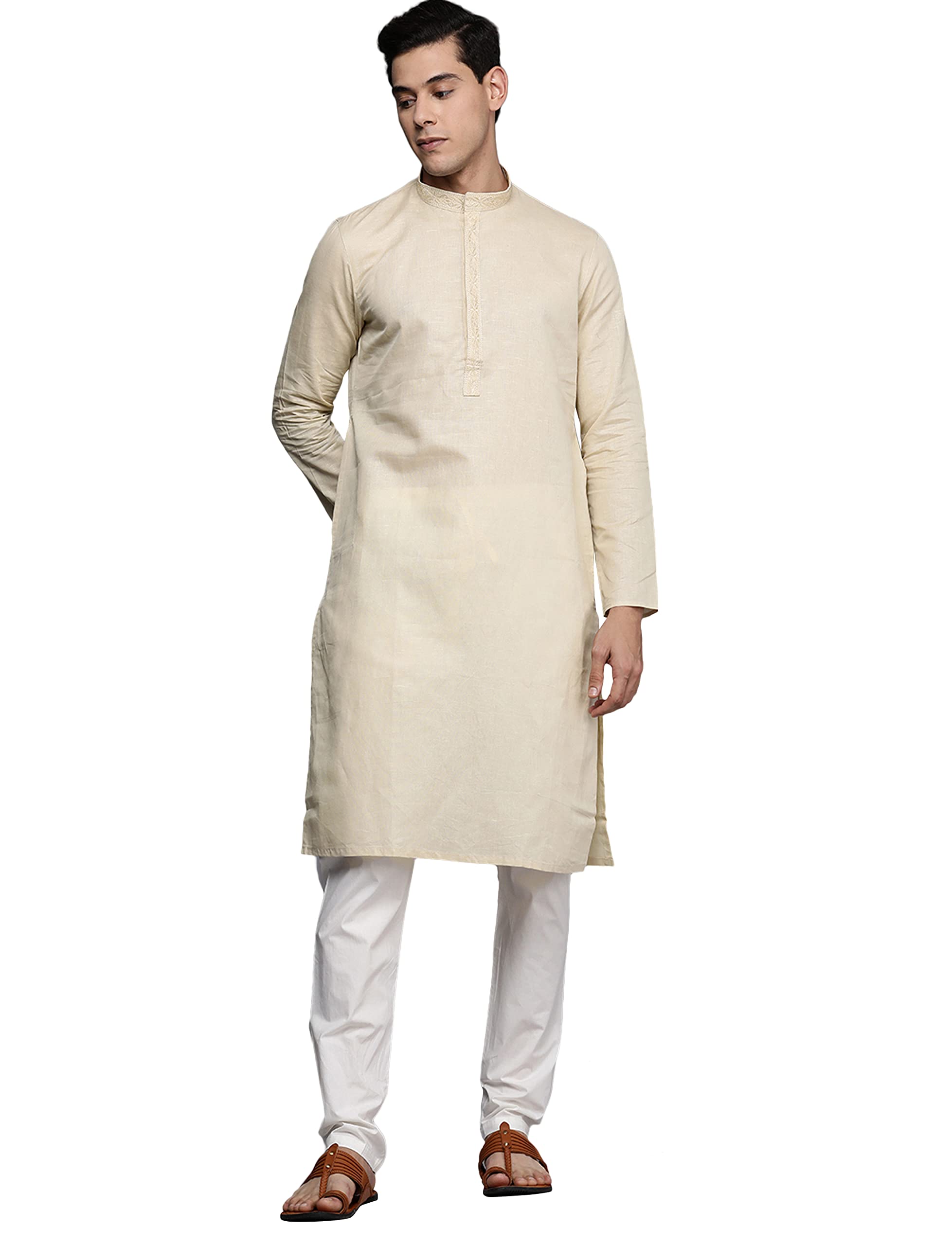 Manyavar Kurta Set for Men, Full Sleeves Mandarin Collar Ethnic Kurta Set For Diwali, Wedding, Party Blended Linen