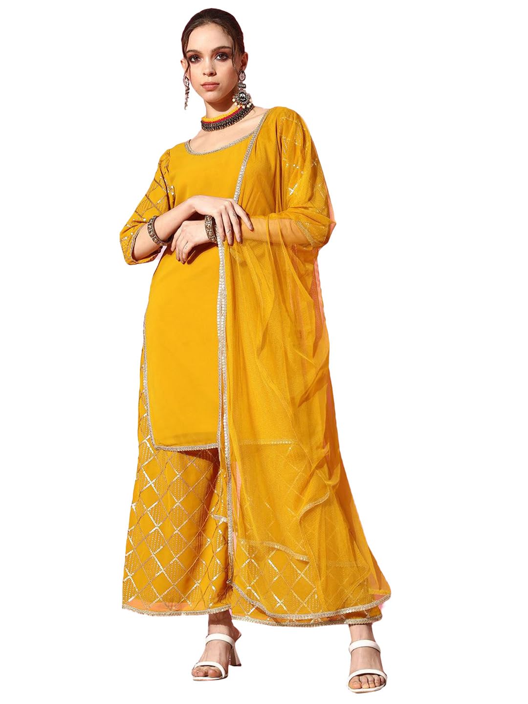 Libas Womens Embellished Georgette Straight Kurta With Palazzos And Dupatta