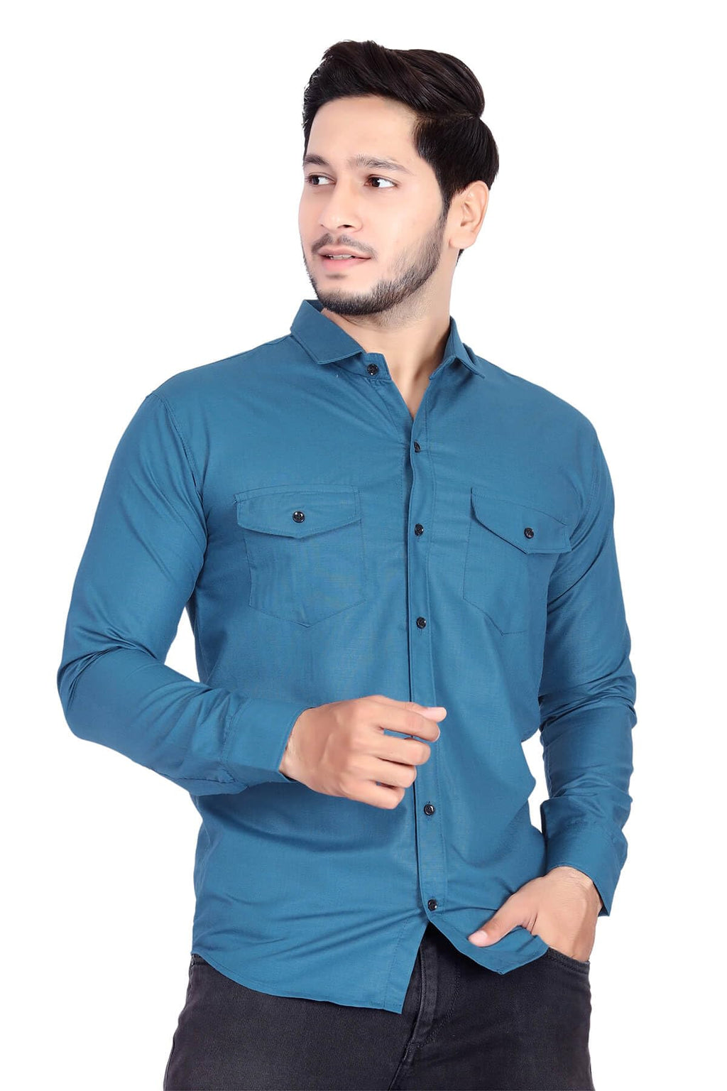 Rebelify MenS Cotton Shirt With Pockets Full Sleeves Spread Collar Solid Pattern Botton Down Closure Regular Fit And Standard L