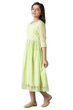 Aurelia Cotton Blend Girls Green Sequinned Flared Schiffli Dress Knee