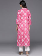 Varanga Women Pink V-Neck Collared Kurta With 3/4Th Sleeves, White Prints & Lace Detailing Around Neck