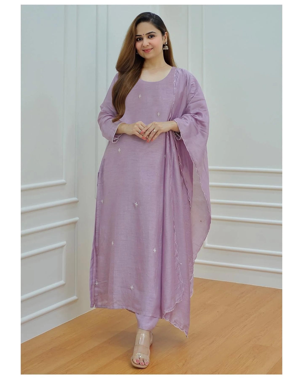 ANNI DESIGNER Womens Rayon Blend Embroidered Straight Kurta with Pant & Dupatta (Mohana Purple_S_Purple_Small)