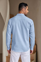 Deelmo MenS Button Down Dress Shirts Textured Long Sleeve Casual Hawaiian Beach Shirt Sky Blue