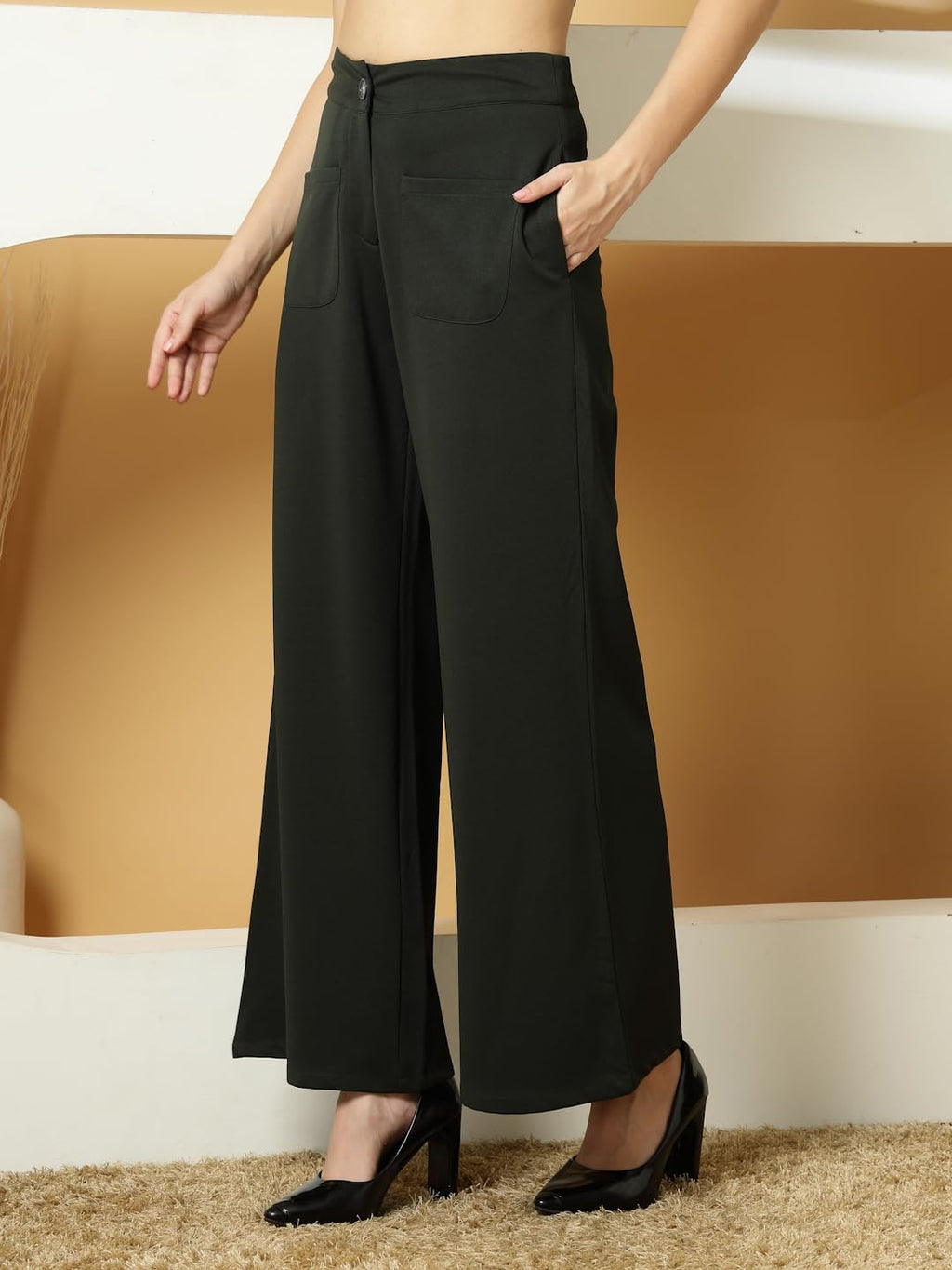 OOMPH! Women Trouser | Wide Leg High Waist Trousers | Solid Formal & Casual Pants with Front Patch Pockets | Officewear, Travel,