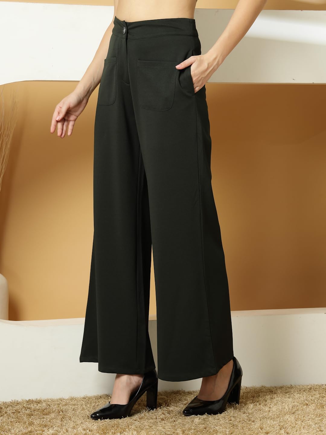 OOMPH! Women Trouser | Wide Leg High Waist Trousers | Solid Formal & Casual Pants with Front Patch Pockets | Officewear, Travel,