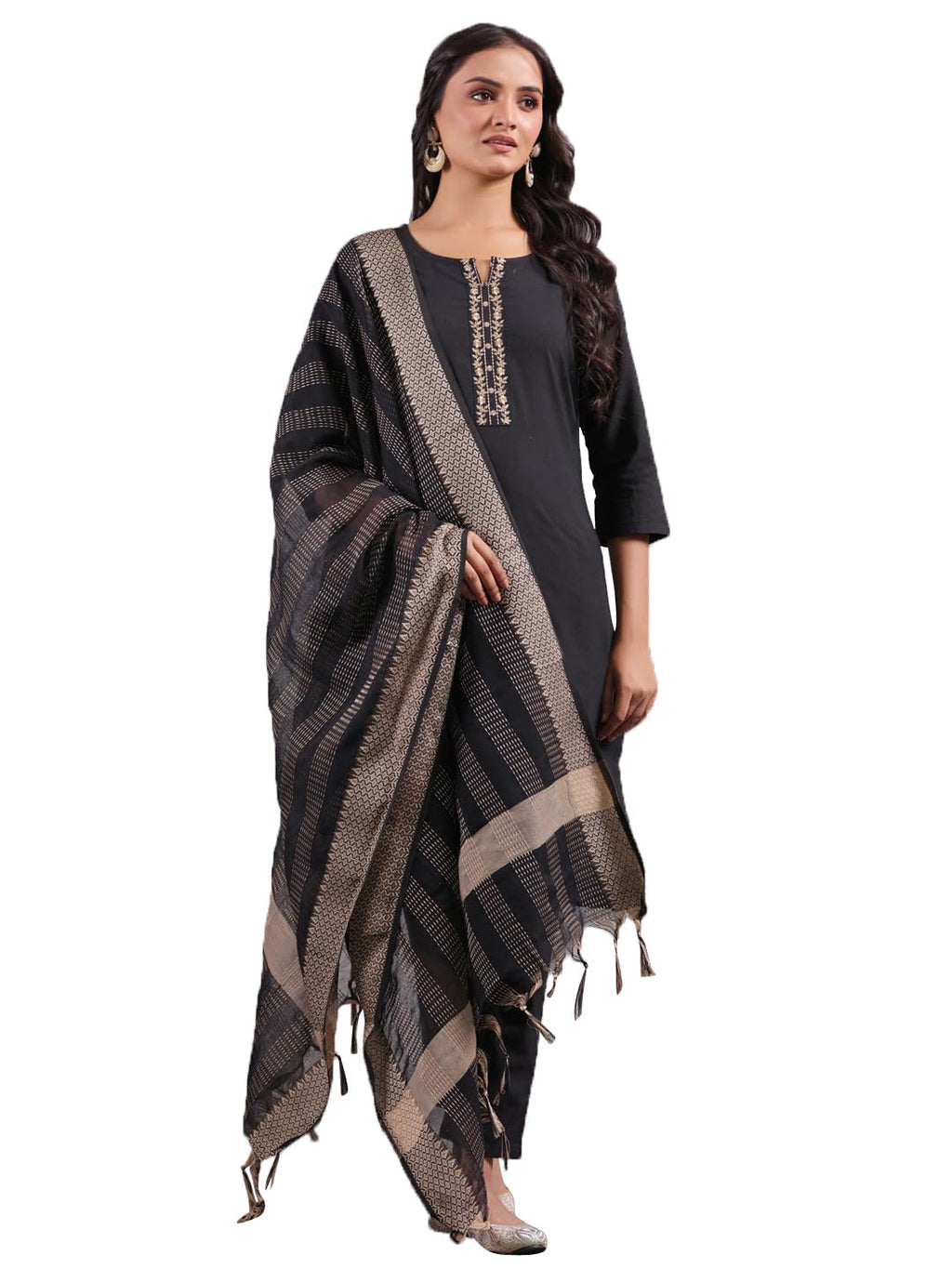 Anubhutee Women'S Black Ethnic Motifs Straight Kurta Withtrousers & Dupatta