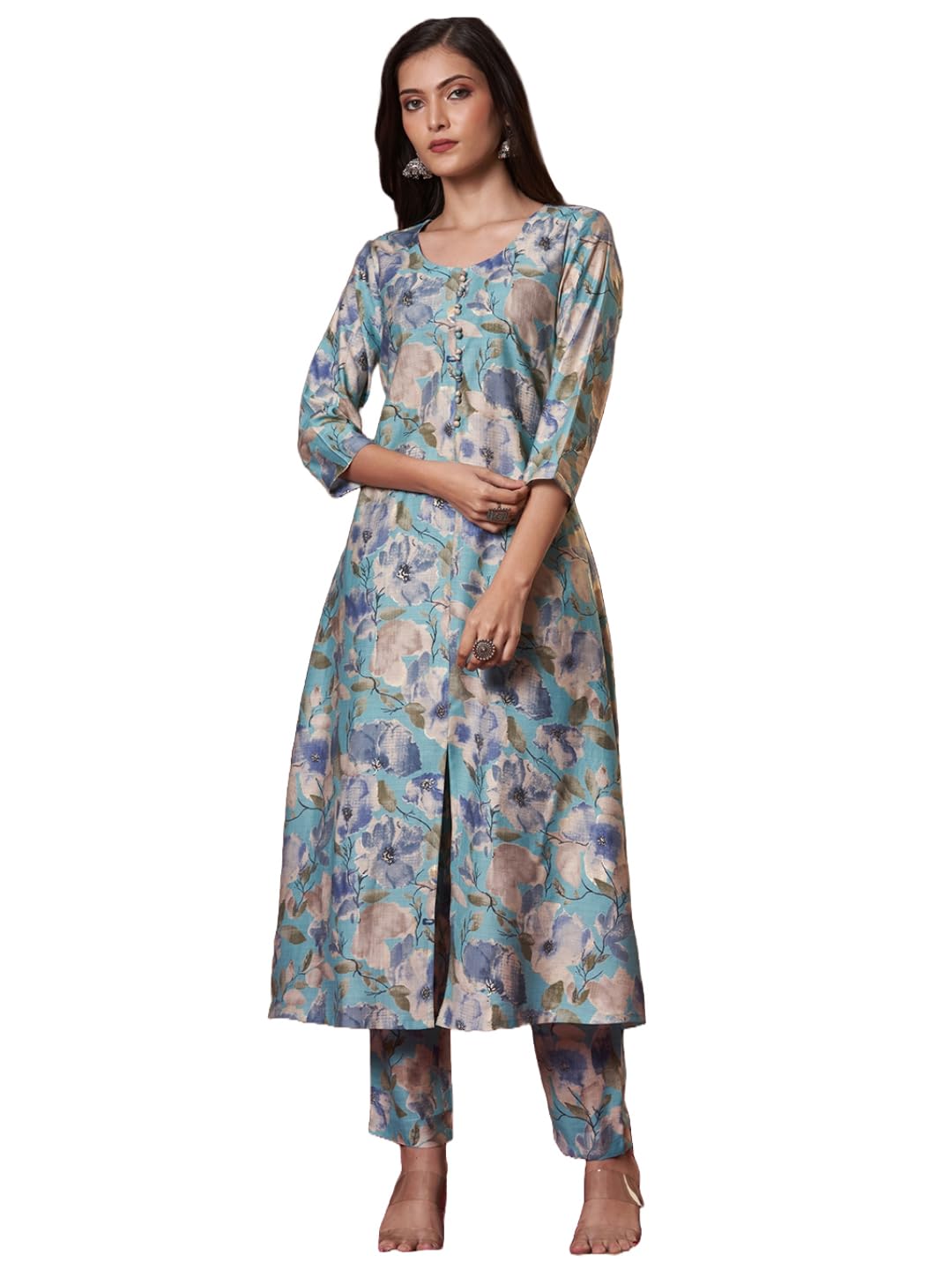 ANNI DESIGNER Womens Rayon Blend Straight Printed Kurta with Pant (Bhaskar Sky Blue_S_Sky Blue_Small)