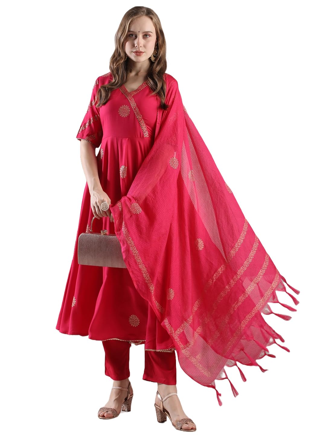 ANNI DESIGNER Womens Rayon Blend Anarkali Printed Kurta with Pant & Dupatta (Berlin PINK-VKS05_XL_Pink_X-Large)