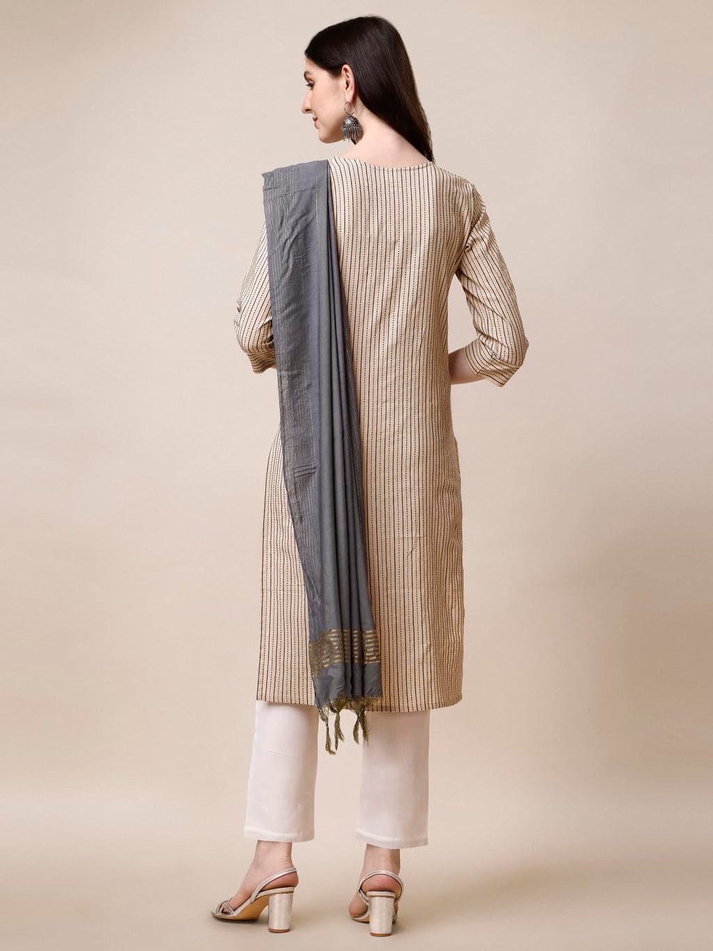 Fashion Basket Women Cotton Striped Printed Kurta And Pant Set With Dupatta (Large, Beige)