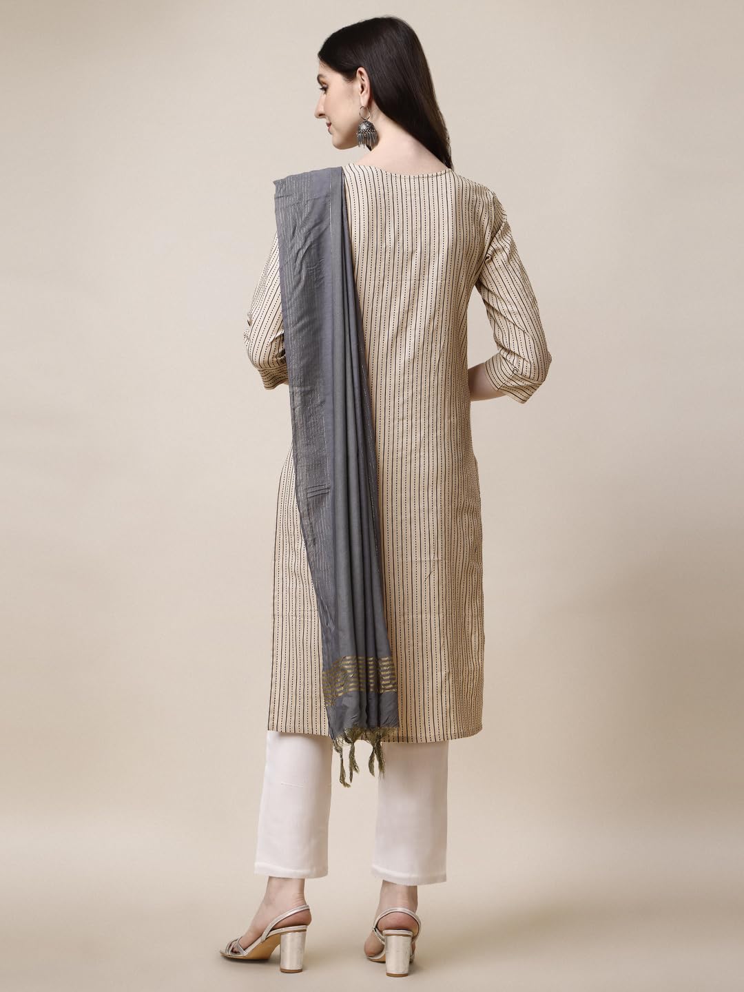 Fashion Basket Women Cotton Striped Printed Kurta Set With Pant & Dupatta (Medium, Beige)