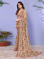 Satrani Womens Chiffon Kalamkari Printed & Lace Saree with Unstitched Blouse Piece