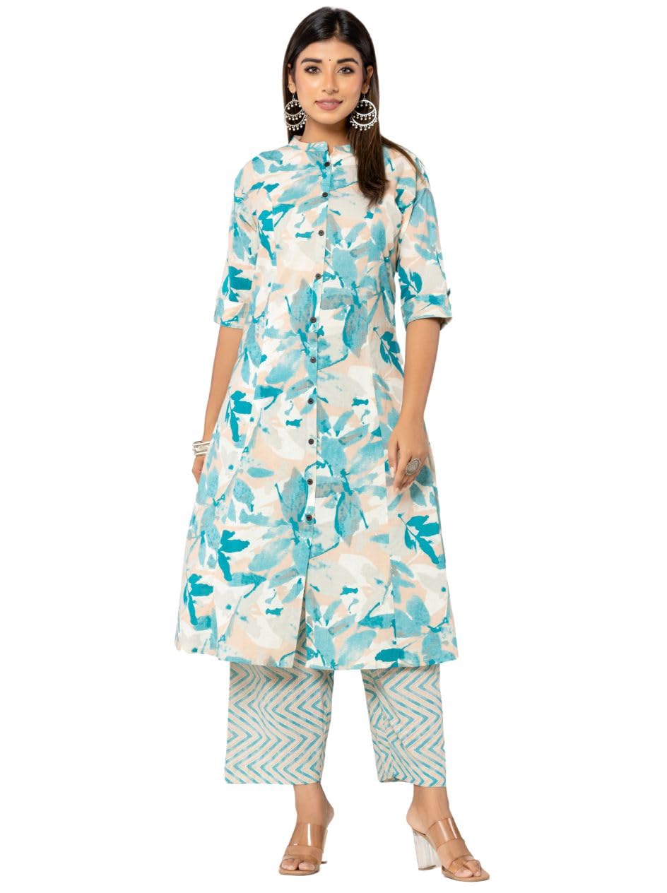 rytras Womens Cotton Printed A-Line Kurta with Palazzo Pant Set(RYT582,XXL) Blue